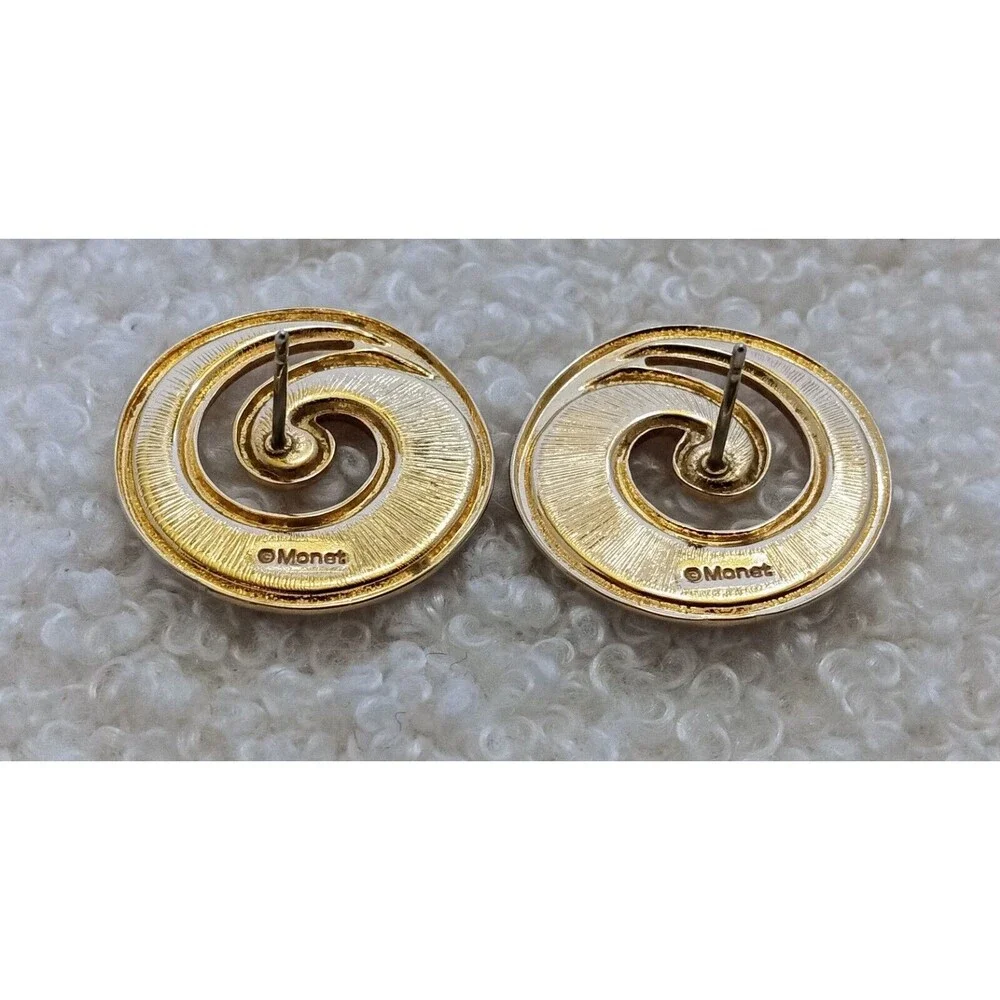 Vintage Monet Goldtone Red Enamel Swirl Post Earrings - Picture 5 of 8